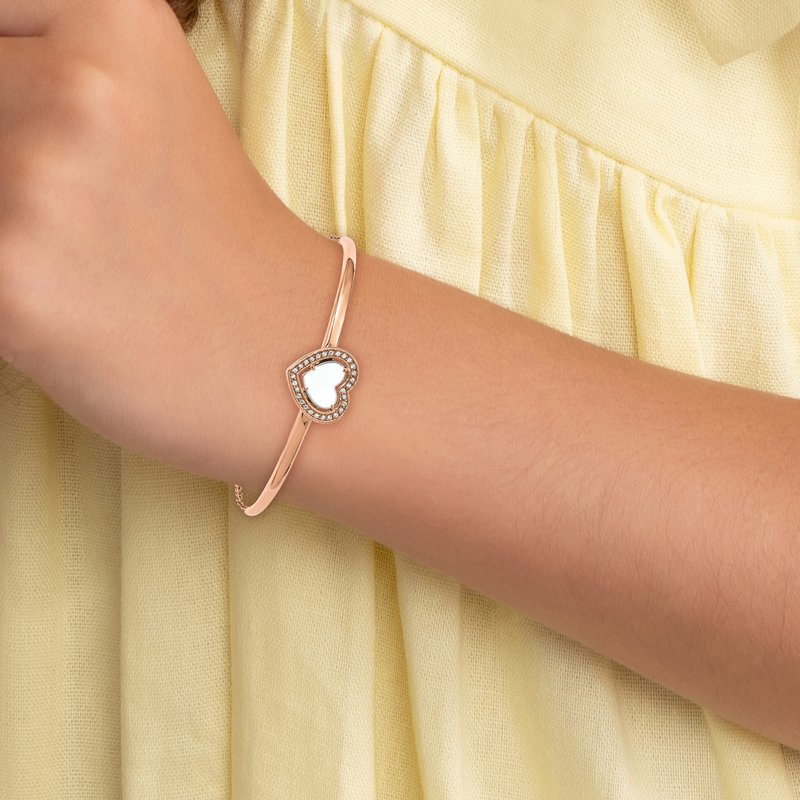 Stainless Steel Polished Rose IP-plated White Enameled CZ Heart 6.5 inch Bangle Bracelet with 2 inch Extension