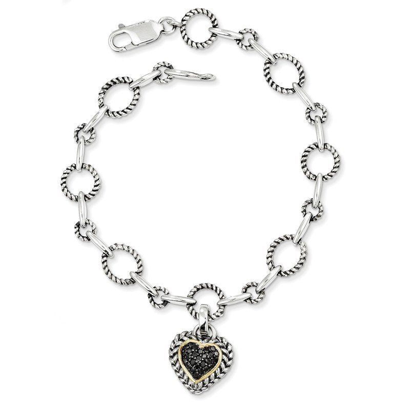 Sterling Silver with 14K Accent 8 Inch Antiqued Black Diamond Heart Link Bracelet