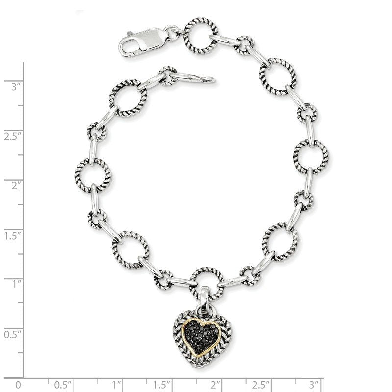 Sterling Silver with 14K Accent 8 Inch Antiqued Black Diamond Heart Link Bracelet
