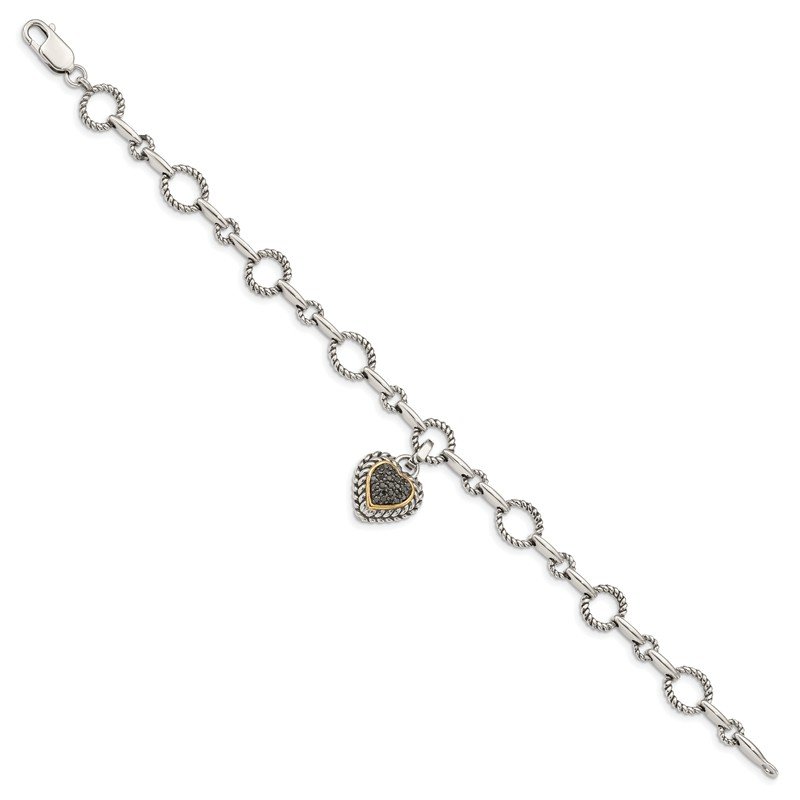 Sterling Silver with 14K Accent 8 Inch Antiqued Black Diamond Heart Link Bracelet