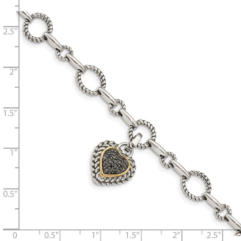 Sterling Silver with 14K Accent 8 Inch Antiqued Black Diamond Heart Link Bracelet