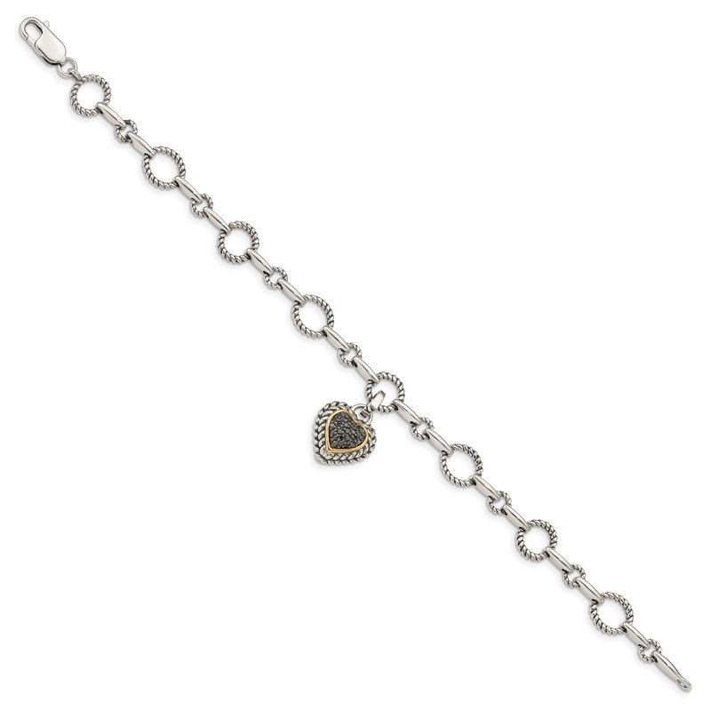 Sterling Silver with 14K Accent 8 Inch Antiqued Black Diamond Heart Link Bracelet