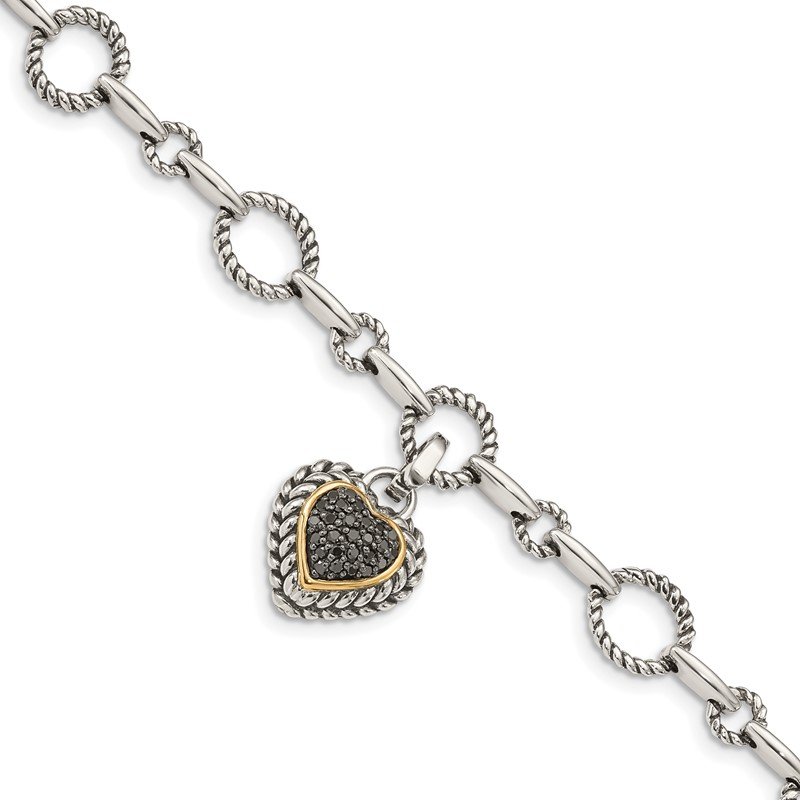 Sterling Silver with 14K Accent 8 Inch Antiqued Black Diamond Heart Link Bracelet