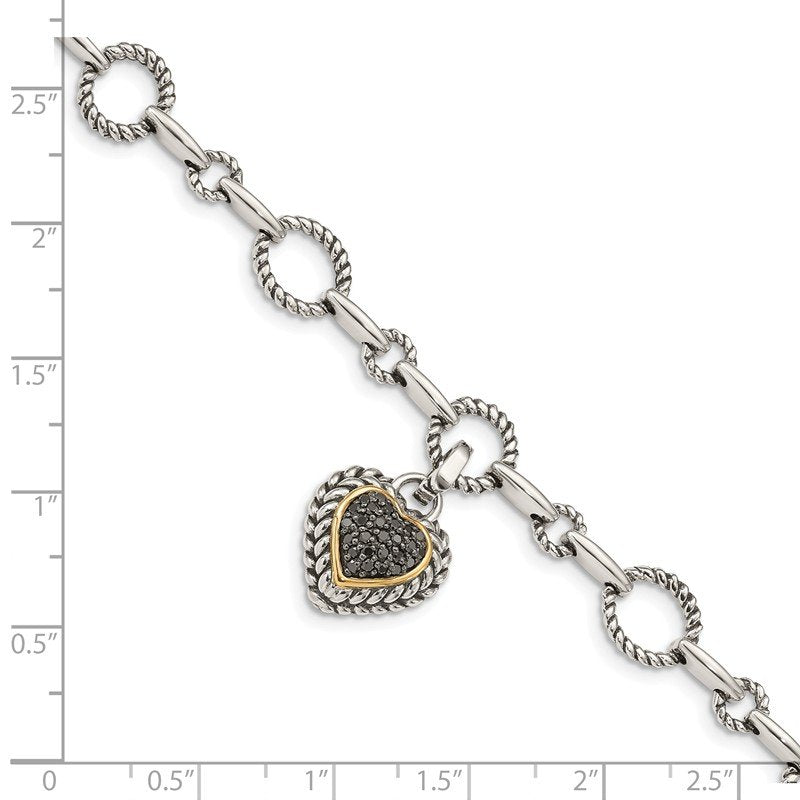 Sterling Silver with 14K Accent 8 Inch Antiqued Black Diamond Heart Link Bracelet