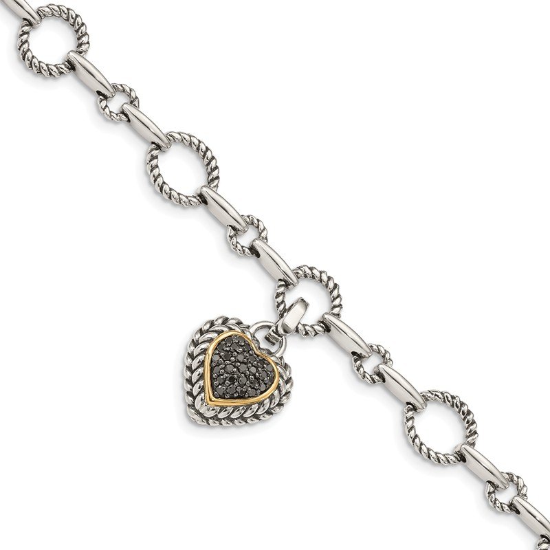 Sterling Silver with 14K Accent 8 Inch Antiqued Black Diamond Heart Link Bracelet
