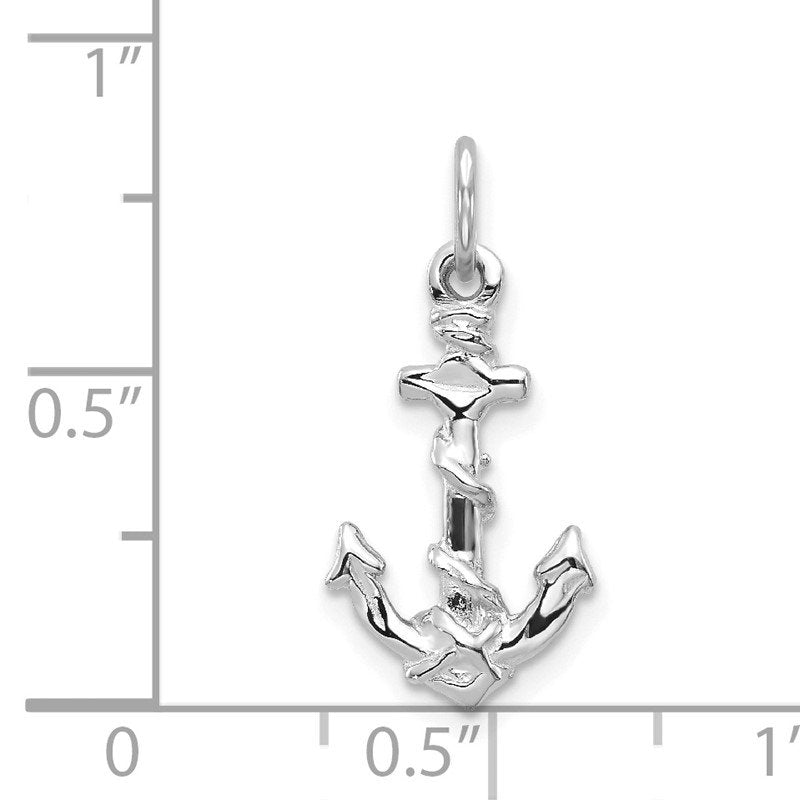 14K White Gold Solid Satin Diamond-Cut 3-D Anchor with Rope Charm