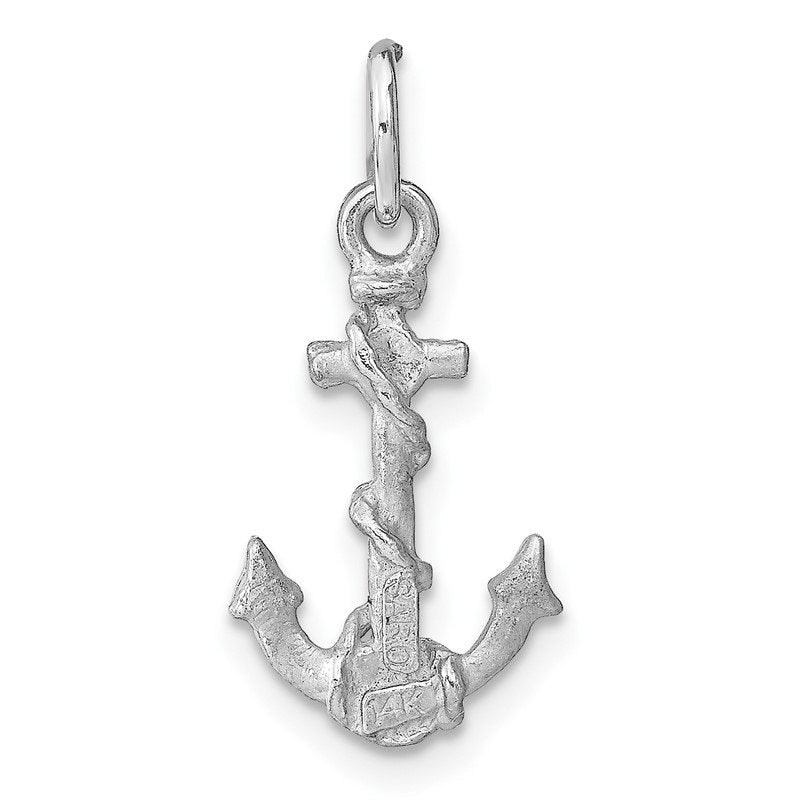 14K White Gold Solid Satin Diamond-Cut 3-D Anchor with Rope Charm