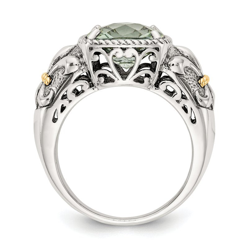 Sterling Silver with 14K Accent Antiqued Cushion Green Quartz Ring