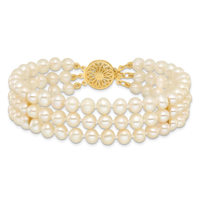 14k 5-6mm White Near-Round Freshwater Cultured Pearl 3-Strand 7.5 inch Bracelet