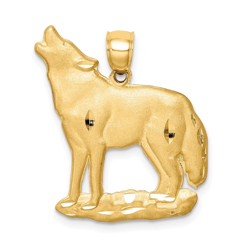 14K Brushed Diamond-cut Howling Wolf Pendant