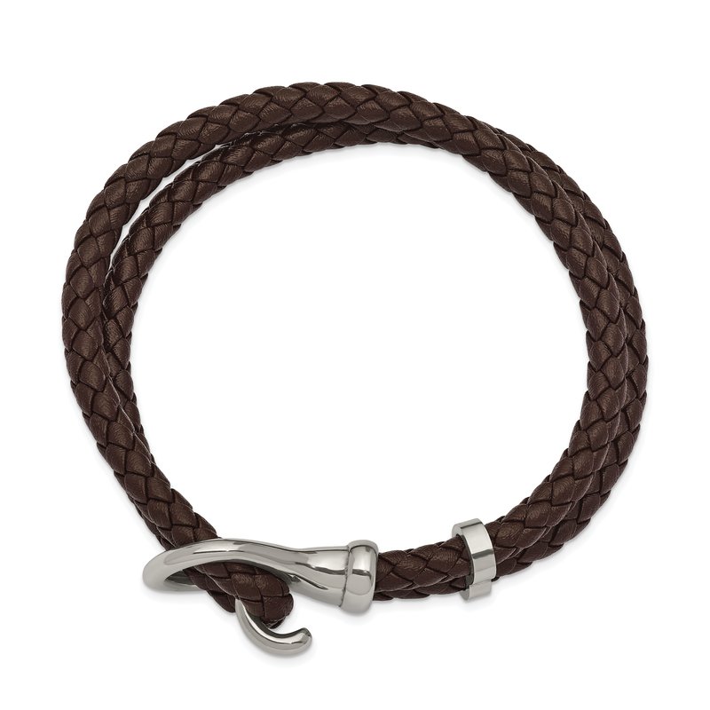 Stainless Steel Polished Brown Braided Leather 8 inch Bracelet