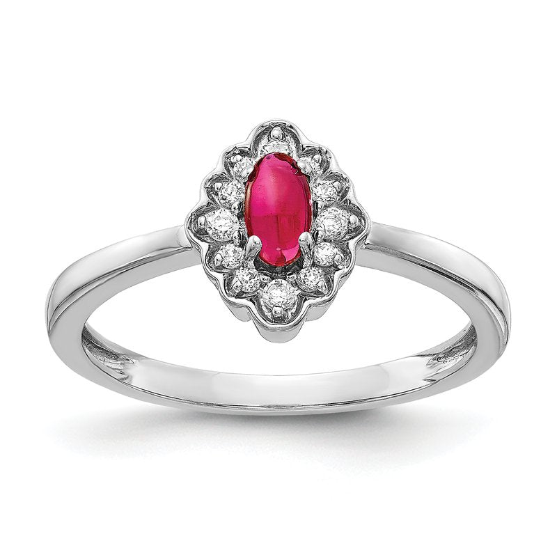 14k White Gold Diamond and Oval Cabochon Ruby Ring