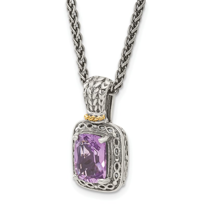 Sterling Silver with 14K Accent 18 inch Antiqued Cushion Amethyst Necklace