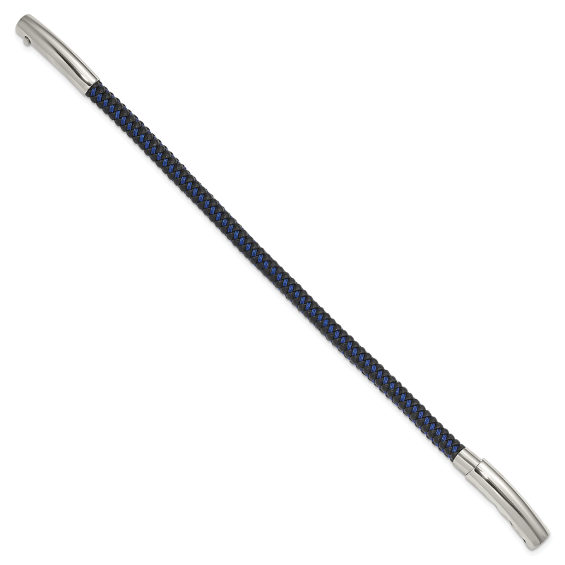 Stainless Steel Polished Blue Wire and Black Polyurethane Adjustable 7.75 to 8.25 inch Bracelet