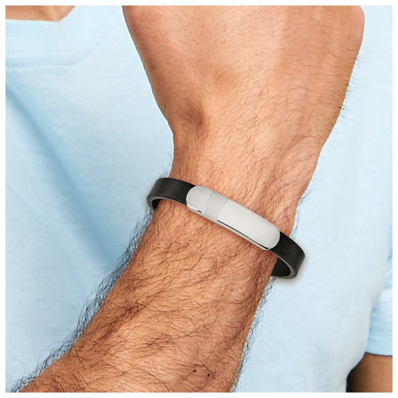 Stainless Steel Brushed and Polished Black Leather 8.5 inch ID Bracelet