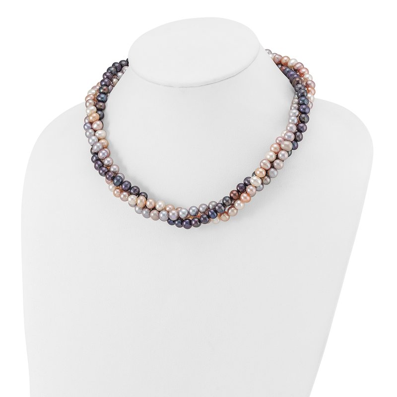 14k White Gold 6-7mm Pink/Gray/Black Near-Round Freshwater Cultured Pearl 3-Strand 18 inch Necklace