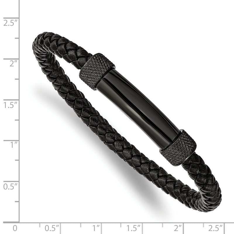 Stainless Steel Polished Black IP-plated Black Braided Leather 8.25 inch Bracelet