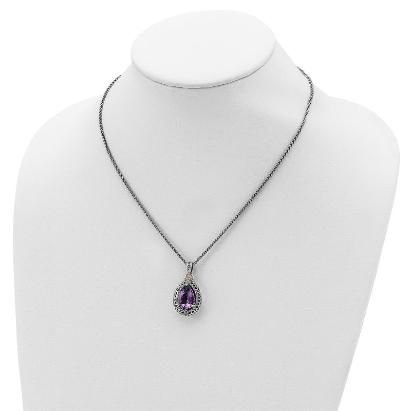 Sterling Silver with 14K Accent 18 Inch Antiqued Diamond and Pear Shaped Amethyst Necklace