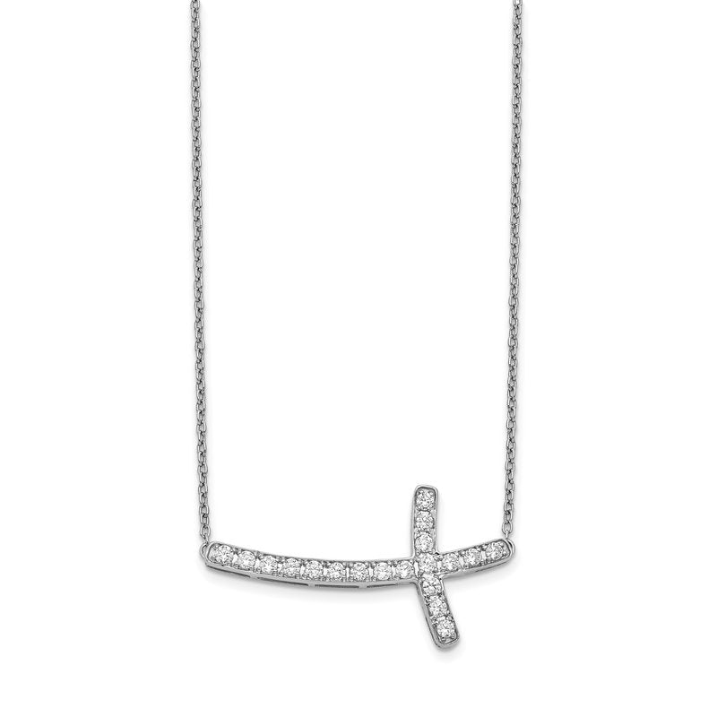 14k White Gold 1/10 carat Diamond Sideways Cross 18 inch Necklace