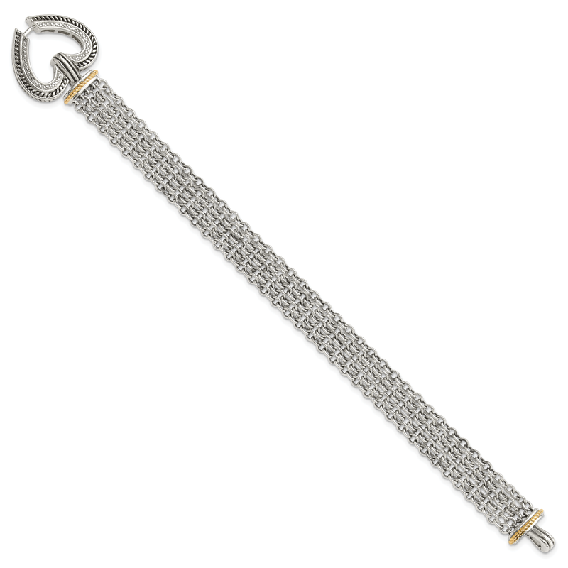 Sterling Silver with 14K Accent 7.75 Inch Antiqued Diamond Heart Bracelet