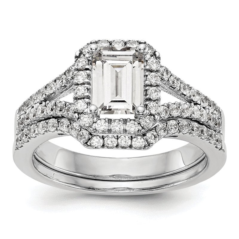 14K White Gold 3/8 carat Lab Grown Diamond VS+ F+ Semi-Mount Emerald Halo Engagement Ring