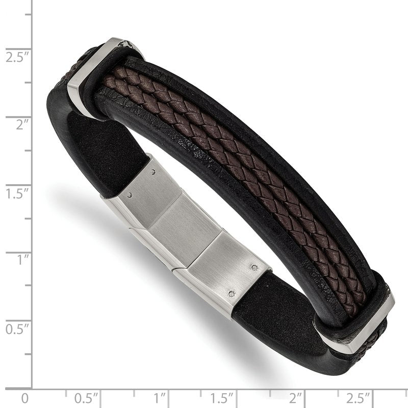 Stainless Steel Polished Black and Brown Braided Leather 8 inch Bracelet with .5 inch Extension