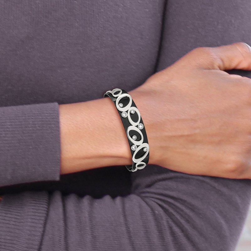 Stainless Steel Polished Black IP-plated with Crystals Cuff Bangle