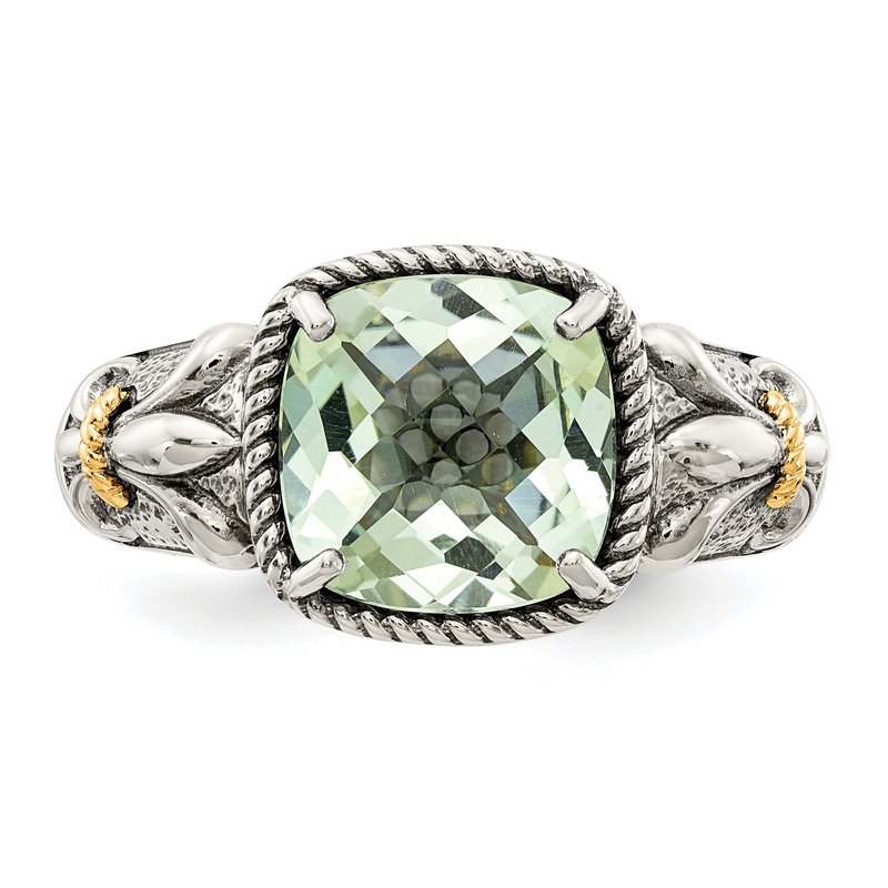 Sterling Silver with 14K Accent Antiqued Cushion Green Quartz Ring