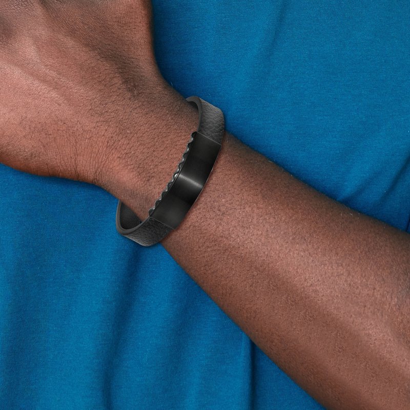 Stainless Steel Brushed and Polished Black IP-plated Black Textured Leather 7.75 inch ID Bracelet with .5 inch Extension