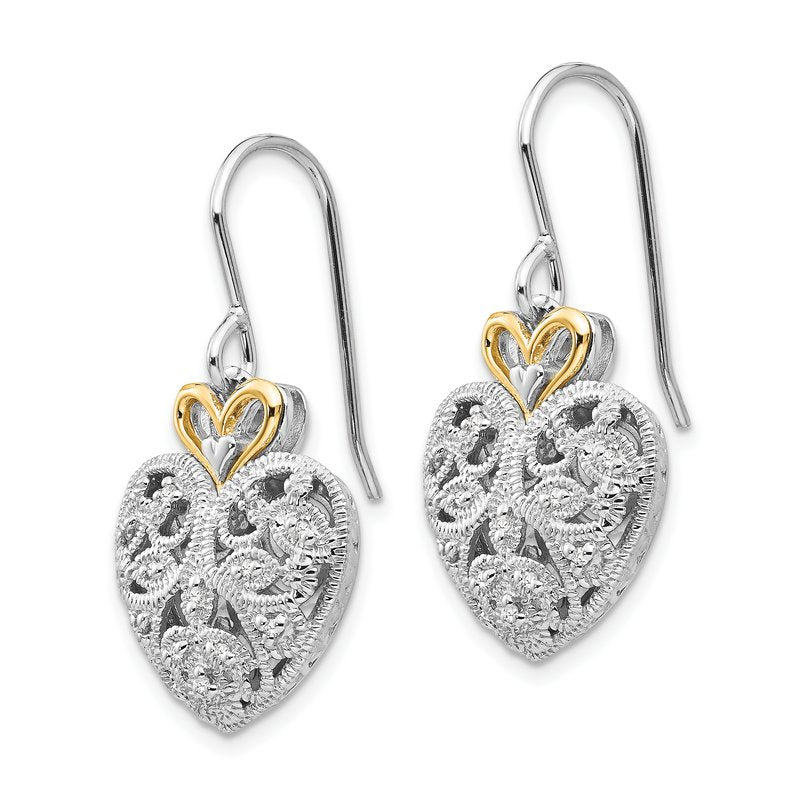 Sterling Silver Rhodium-plated with 14K Accent Diamond Shepherd Hook Dangle Vintage Heart Earrings