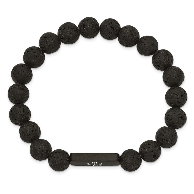 Stainless Steel Brushed Black IP-plated with White Enamel Medical ID 8.5mm Lava Stone Beaded Stretch Bracelet
