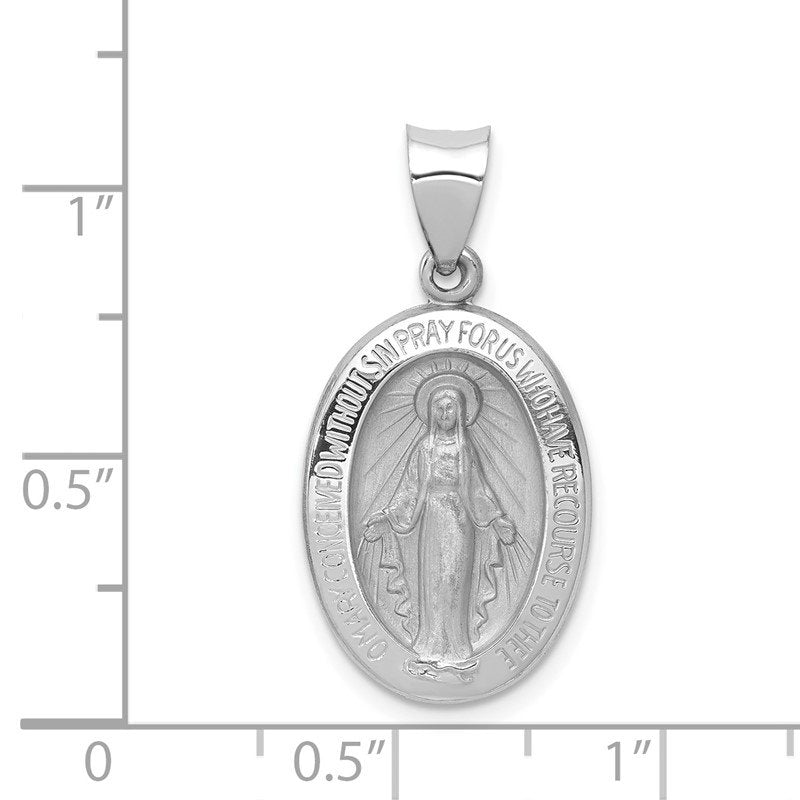 14k White Gold Polished and Satin Hollow Miraculous Medal Oval Pendant