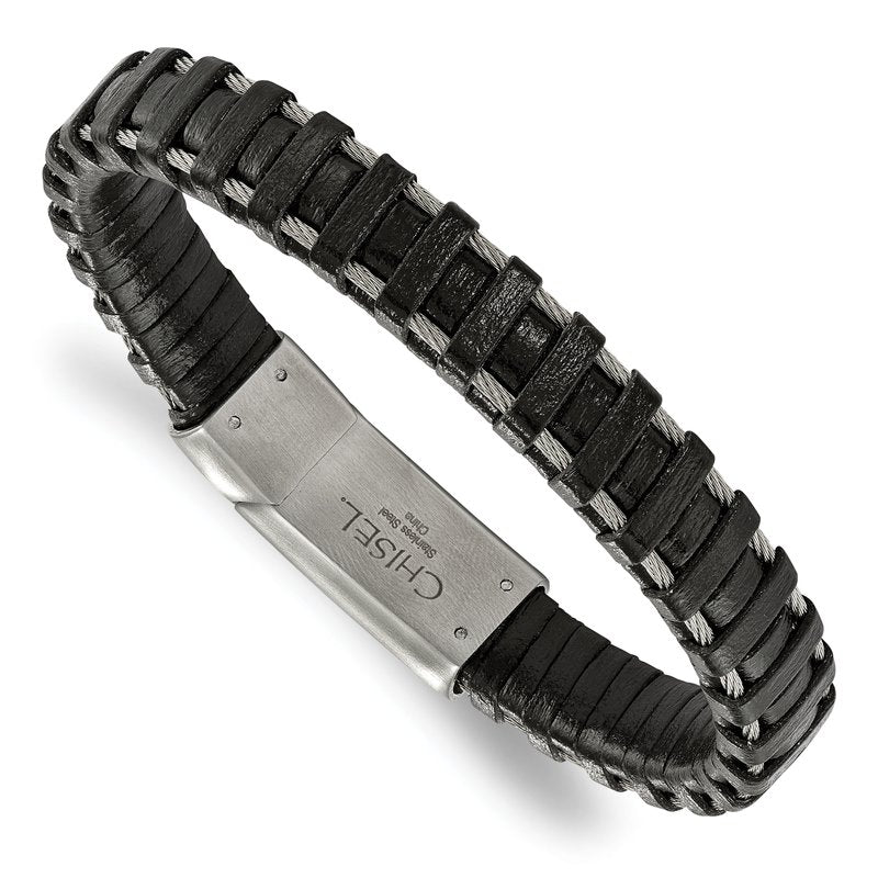 Stainless Steel Brushed Cable and Black Leather 8.5 inch Bracelet