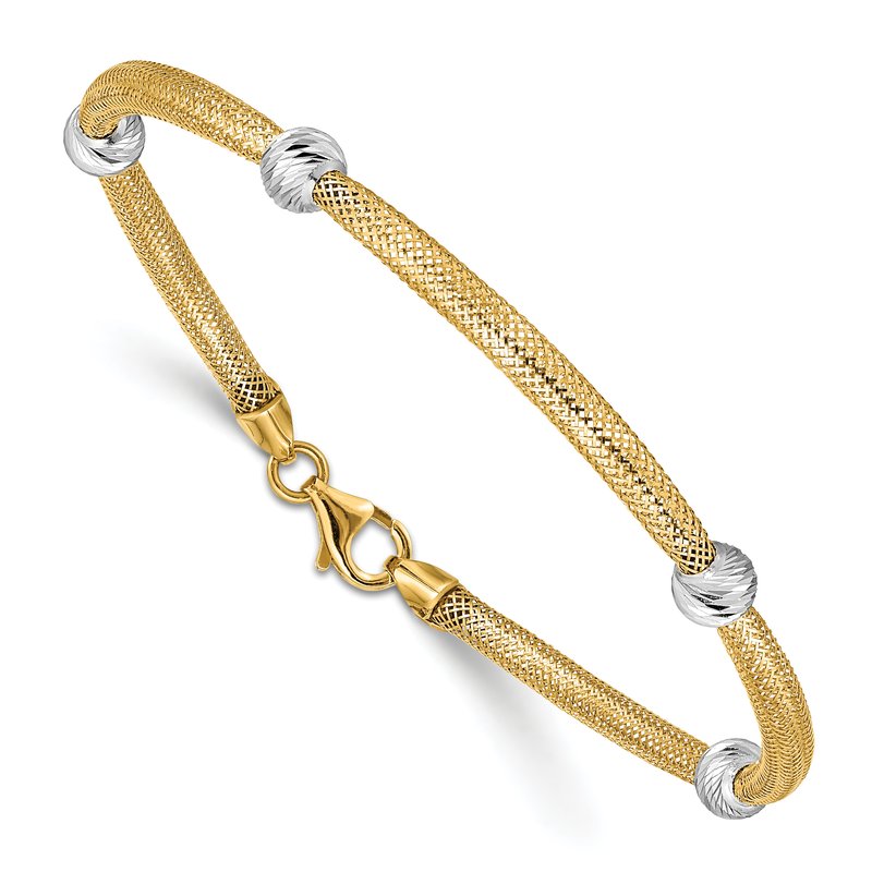 14K with White Rhodium Diamond-cut Moveable Beads Mesh Stretch 7.5 inch Bracelet