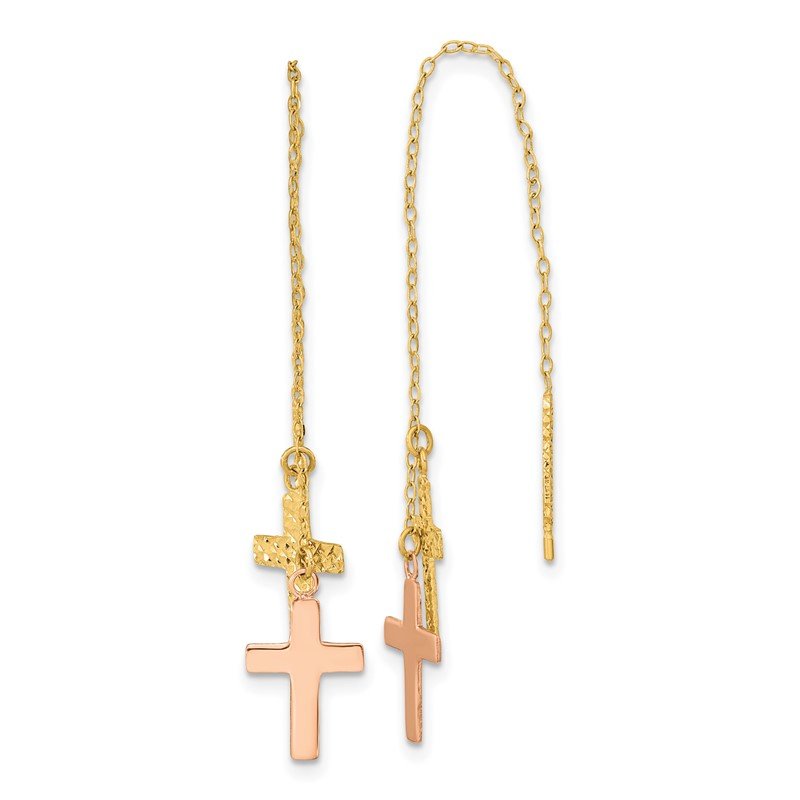 14k Yellow &amp; Rose D/C Polished Crosses Threader Earrings