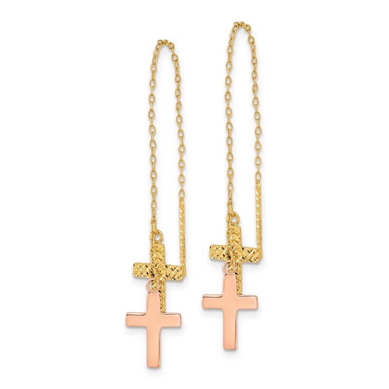 14k Yellow &amp; Rose D/C Polished Crosses Threader Earrings