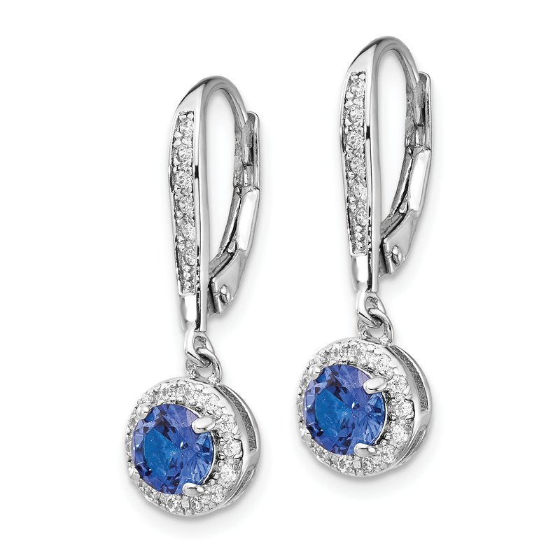 Sterling Silver Rhodium-plated Brilliant-cut Lab Created Dark Blue Spinel and Brilliant-cut White CZ Round Halo Leverback Dangle Earrings