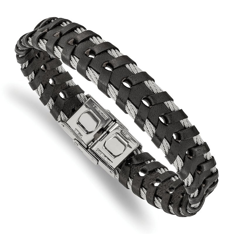 Stainless Steel Polished Cable and Black Leather 8.25 inch Bracelet