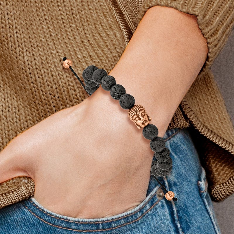 Stainless Steel Antiqued and Polished Rose IP-plated Buddha Lava Stone Black Macrame Adjustable Bracelet
