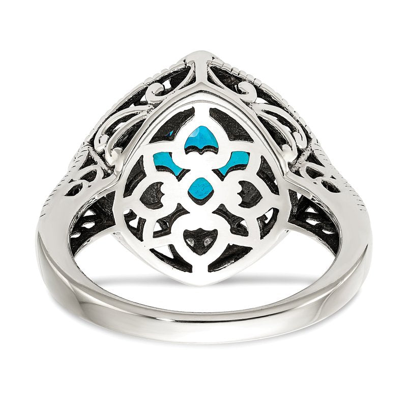 Sterling Silver with 14K Accent Antiqued Diamond and Cushion Blue Topaz Ring