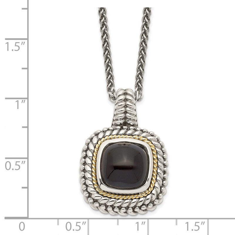 Sterling Silver with 14K Accent 18 Inch Antiqued Cabochon Black Onyx Necklace
