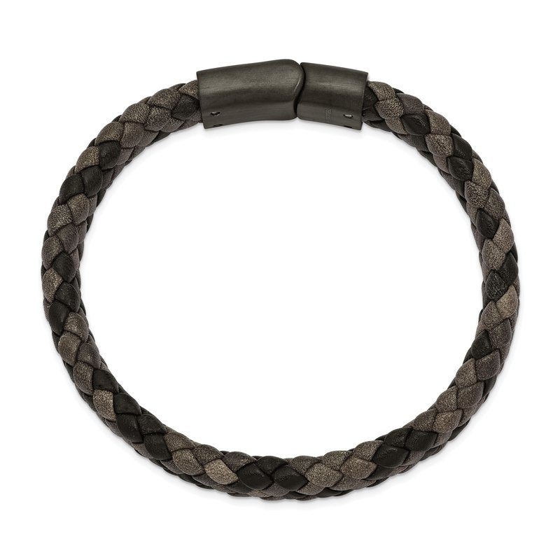 Stainless Steel Brushed Gun Metal IP-plated Brown Braided Leather 8.25 inch Bracelet