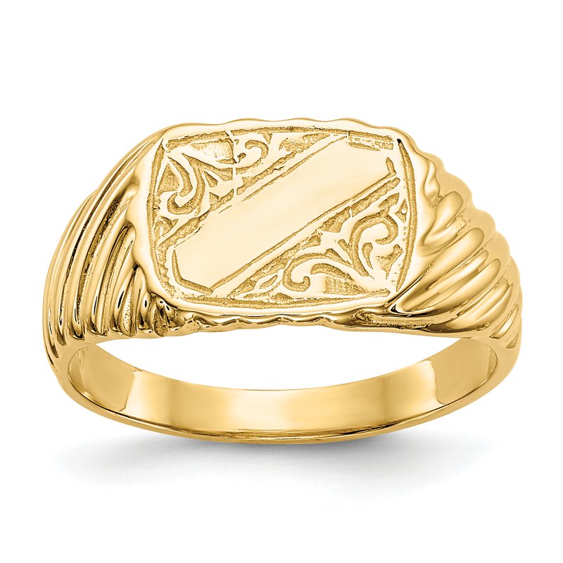 14K Gold Polished Baby Rectangle Signet w/Stripes Ring