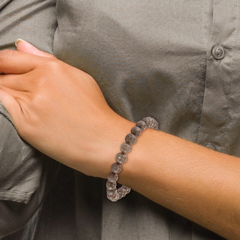 Stainless Steel Polished 8mm Brown Jade Beaded Stretch Bracelet