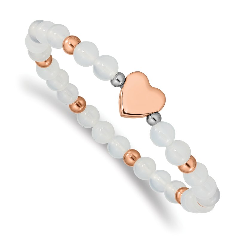 Stainless Steel Polished Rose IP-plated Heart 6mm White Agate Beaded Stretch Bracelet