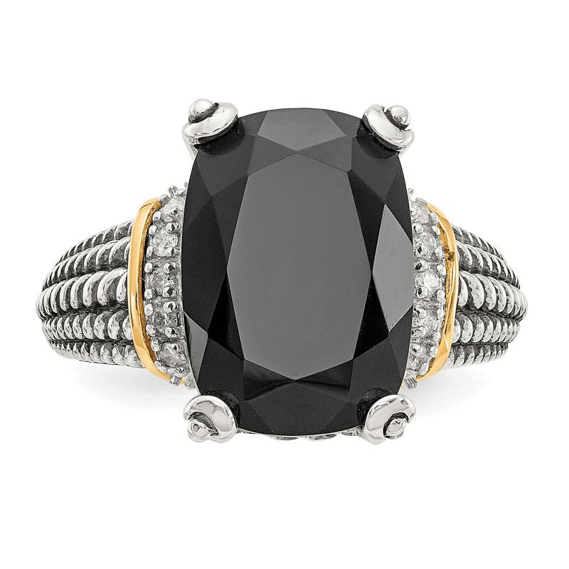 Sterling Silver with 14K Accent Antiqued Black Onyx and White Diamond Ring