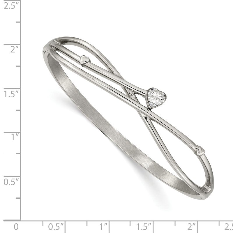 Stainless Steel Polished Heart CZ Hinged Bangle
