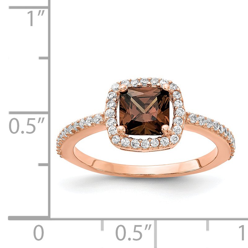 Sterling Silver Rose Gold-plated Cocoa Cushion-cut and White Brilliant-cut CZ Halo Ring