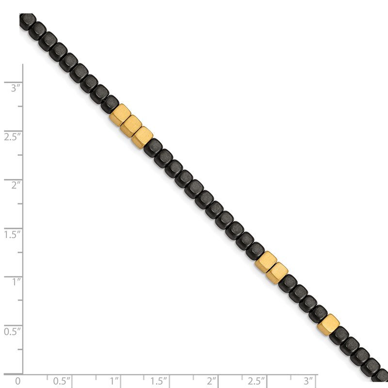 Stainless Steel Brushed Yellow IP-plated with Square Hematite Beads 7 inch Bracelet with 1.25 inch Extension