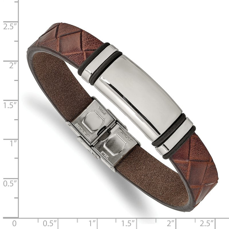 Stainless Steel Polished Brown Faux Leather with Black Rubber 8.25 inch ID Bracelet